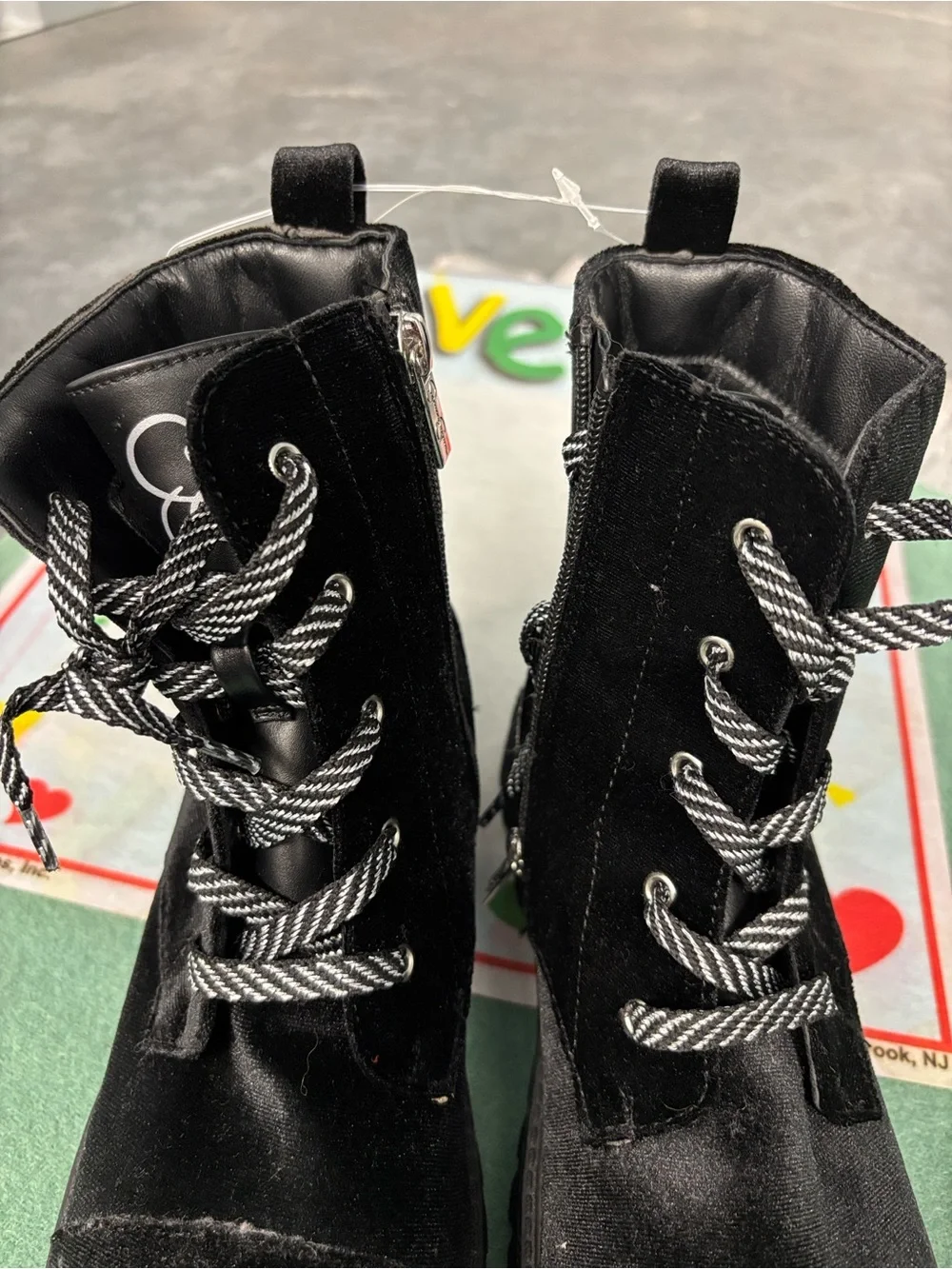 NWT Jessica Simpson Jes468 Black Velvet Combat Boots Stripe Laces Zip Side Bling